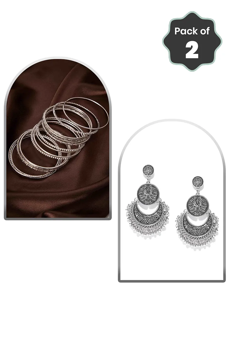 Mehandi Zircon Bangles & Afghani Oxidized Earrings for Women - Combo of 2
