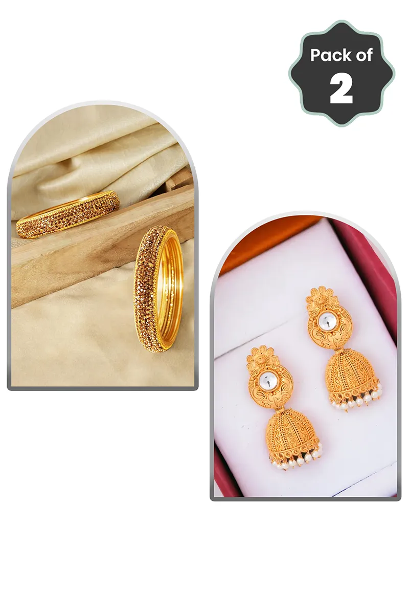 Glass Broad Bangles & Gold Plated Jhumka Earrings for Women - Combo of 2 JWCOMBO0044GOL28