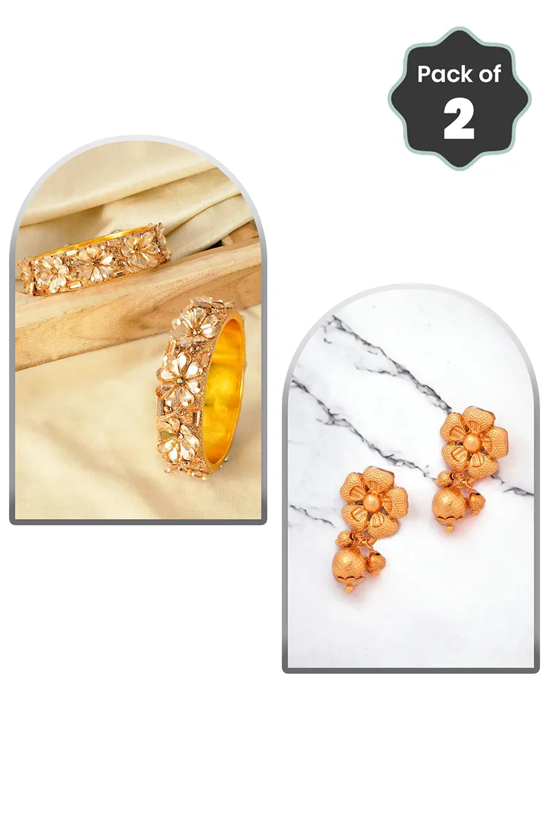 Cubic Zirconia Bangles & Floral Drop Earrings for Women - Combo of 2 JWCOMBO0045GOL24