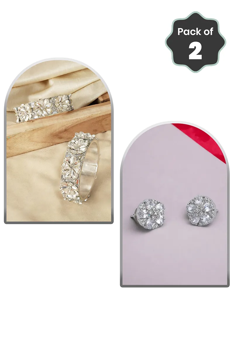 Silver Cubic Zirconia Bangle & Floral Stud Earrings for Women - Combo of 2