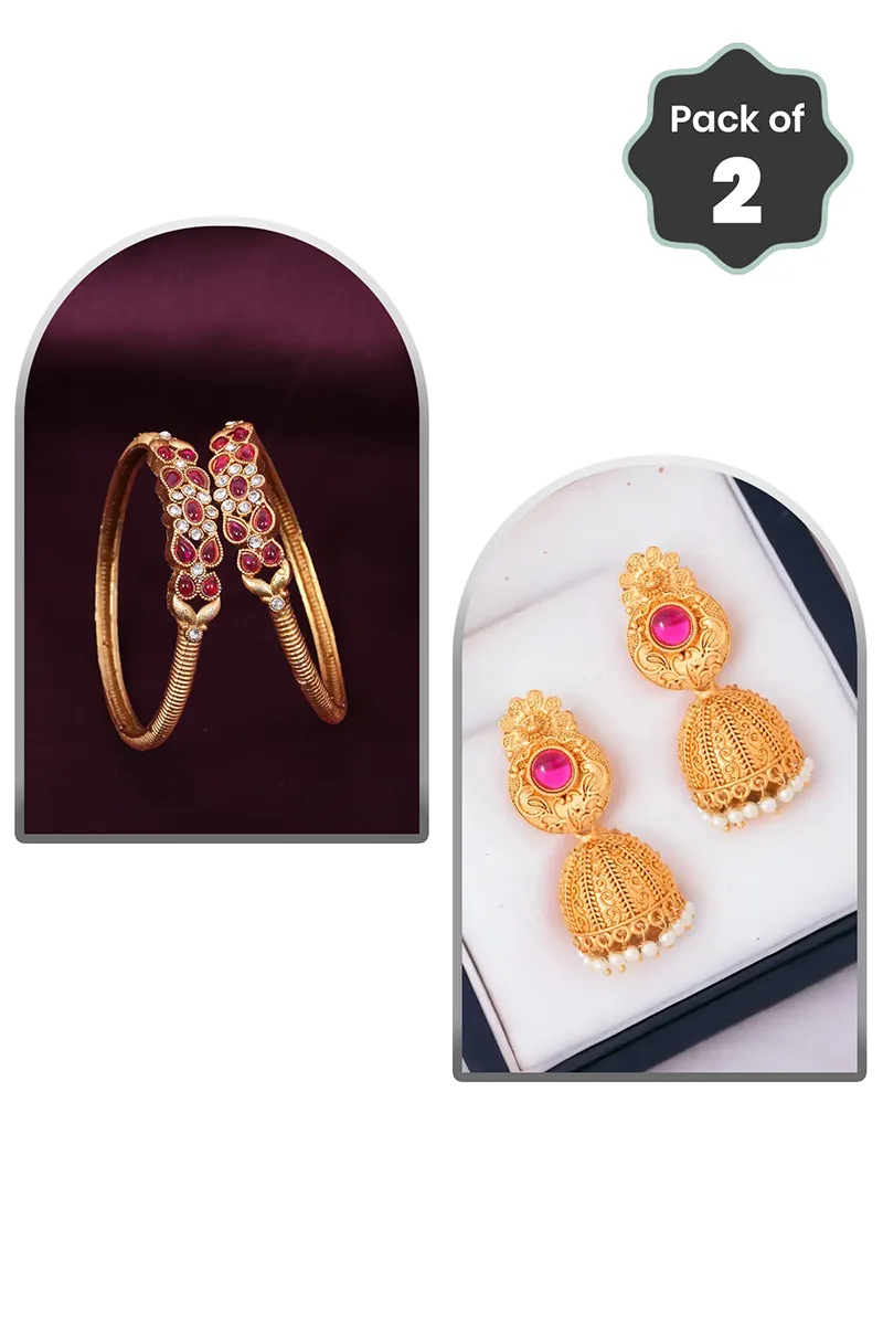 Floral Leaf Kada Bangles & Gold Plated Jhumka Earrings for Women - Combo of 2 JWCOMBO0047GOL24