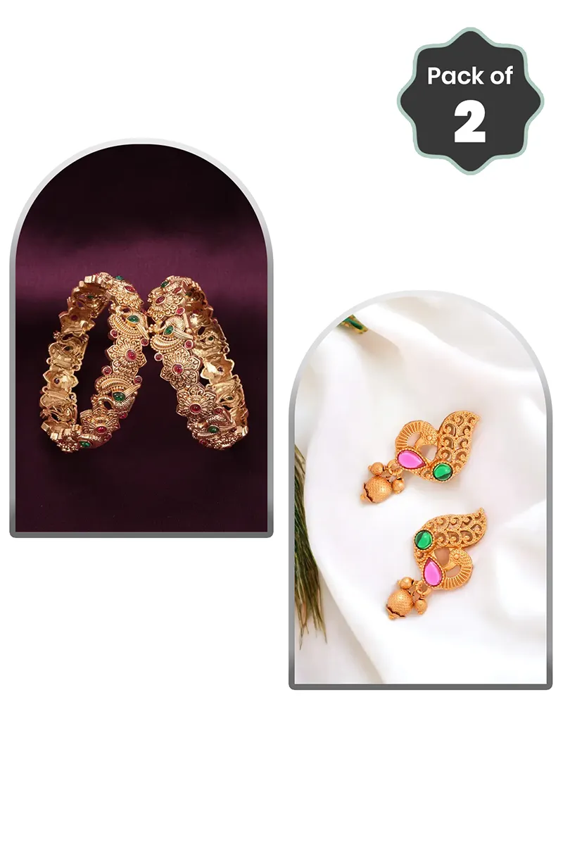 Peacock Floral Kada Bangles & Drop Earrings for Women - Combo of 2 JWCOMBO0048GOL28