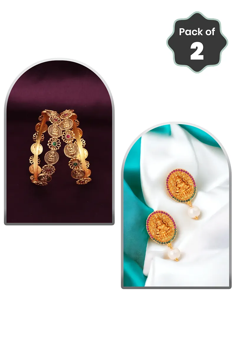 Lakshmi Floral Kada Bangles & Lakshmi Drop Earrings for Women - Combo of 2 JWCOMBO0049GOL24