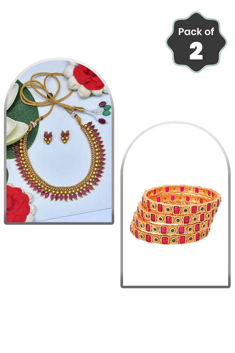 Paisley Kempu Necklace & Antique Stone Bangles for Women - Combo of 2