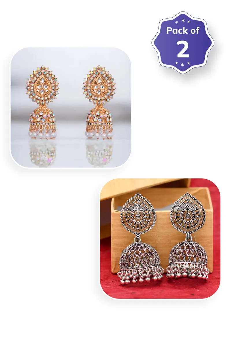 Kundan Stone & Oxidised Silver Jhumki Earrings for Women & Girls - Combo of 2 JWCOMBO0060MUL