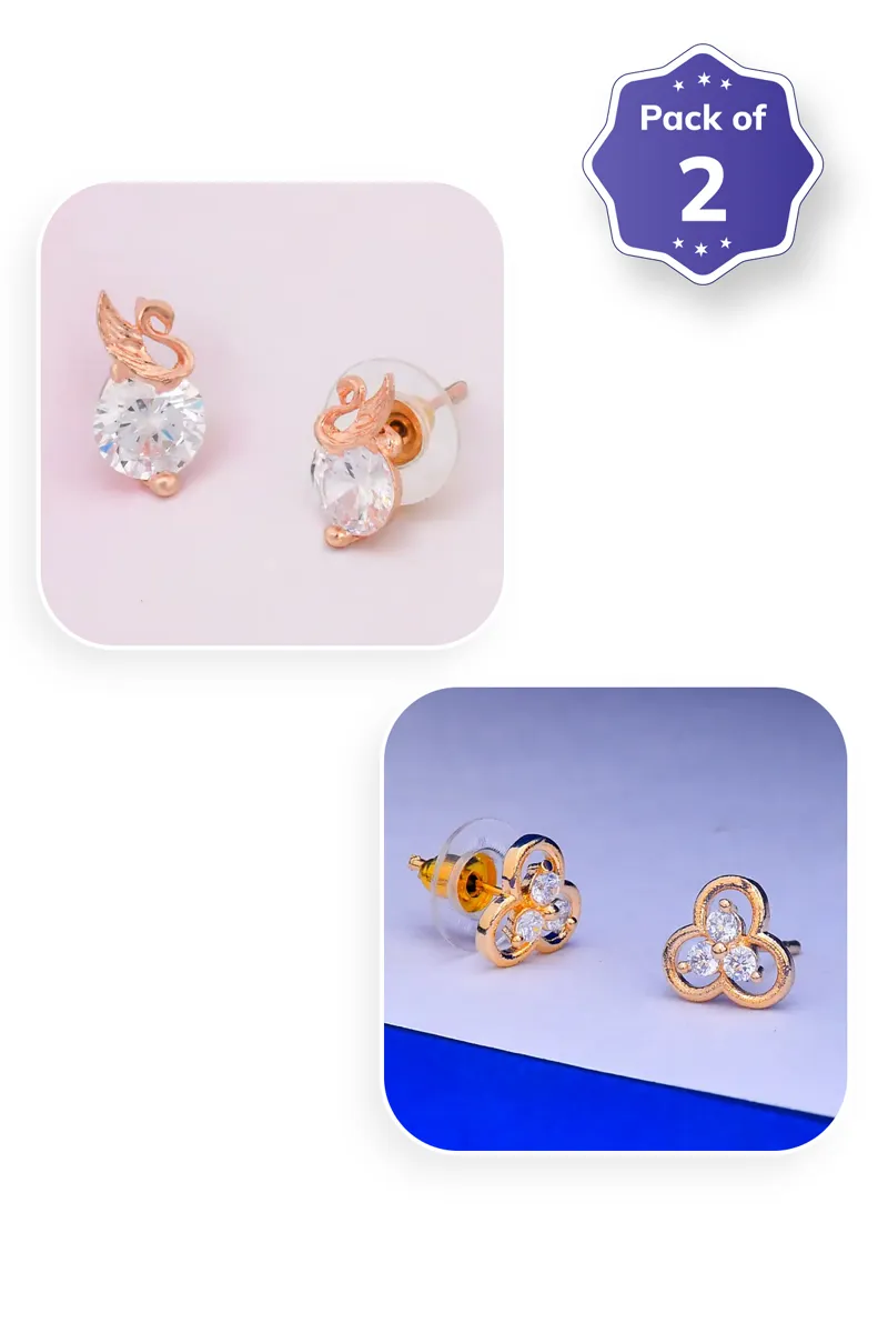 Swan Design & Three Petal Flower Stud Earrings for Girls - Combo of 2