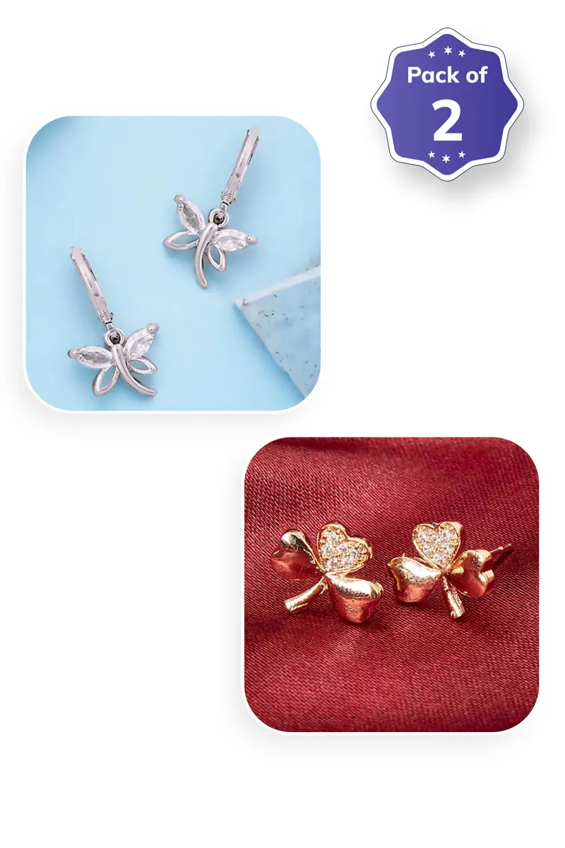 Dragonfly Dangle Hoop & Three Leaf Clover Stud Earrings for Girls - Combo of 2