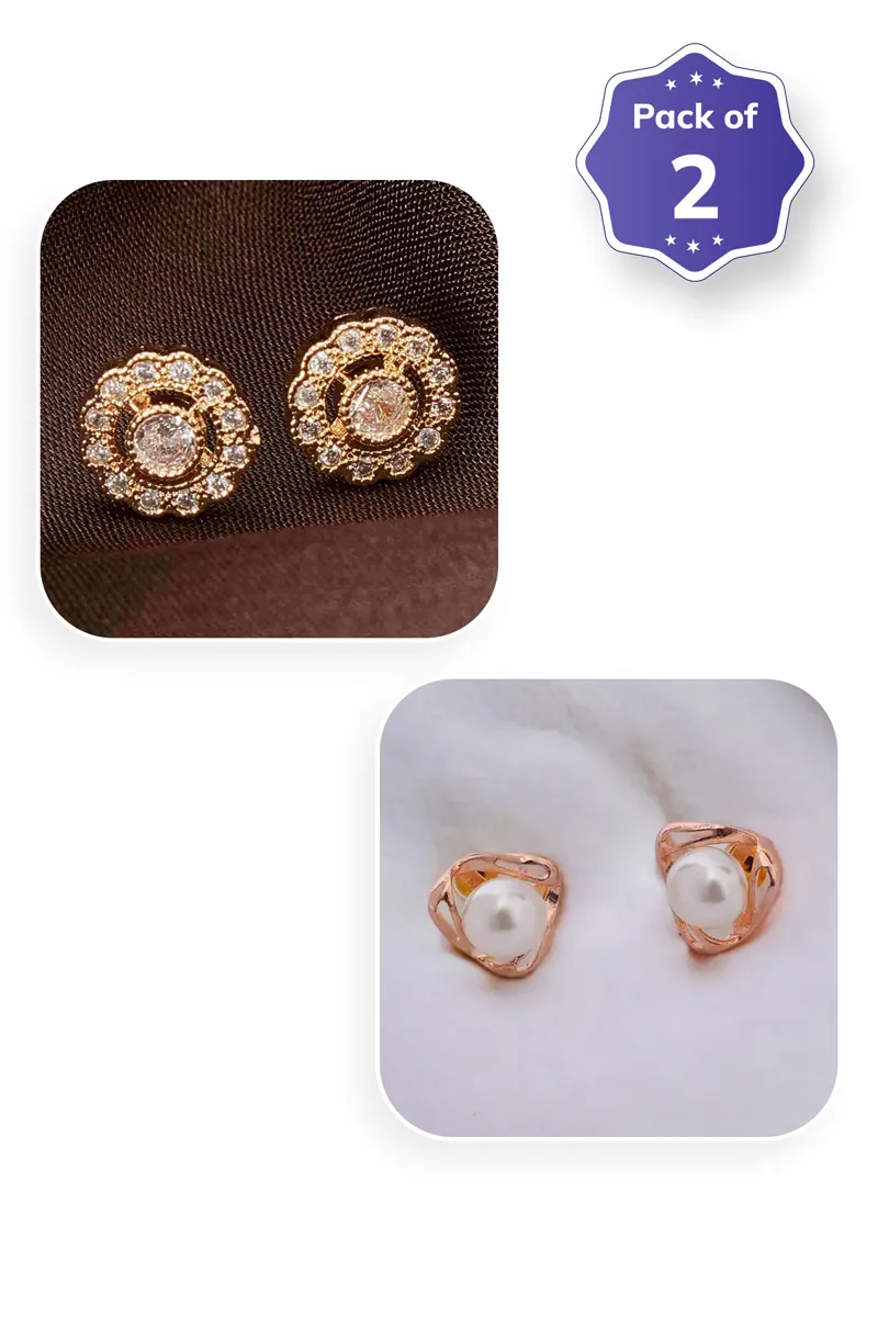 Gold Floral & Rose Gold Pearl Stud Earrings for Girls - Combo of 2