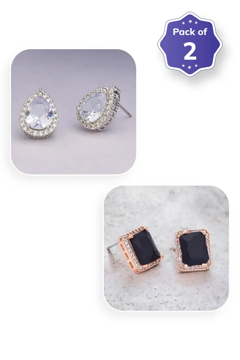 Teardrop & Rectangle Stud Earrings for Girls - Combo of 2 JWCOMBO0079BLAWHI