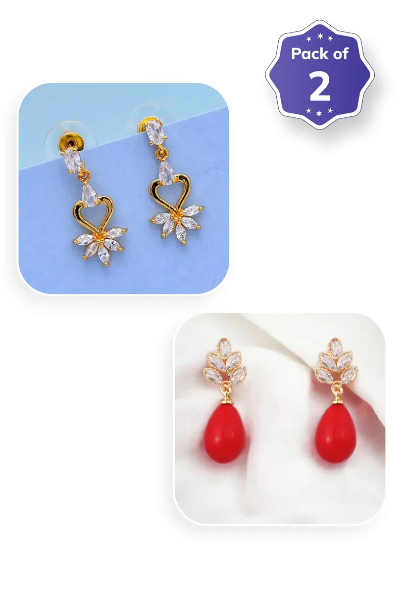 Heart Floral Dangle & Red Pearl Teardrop Earrings for Women - Combo of 2
