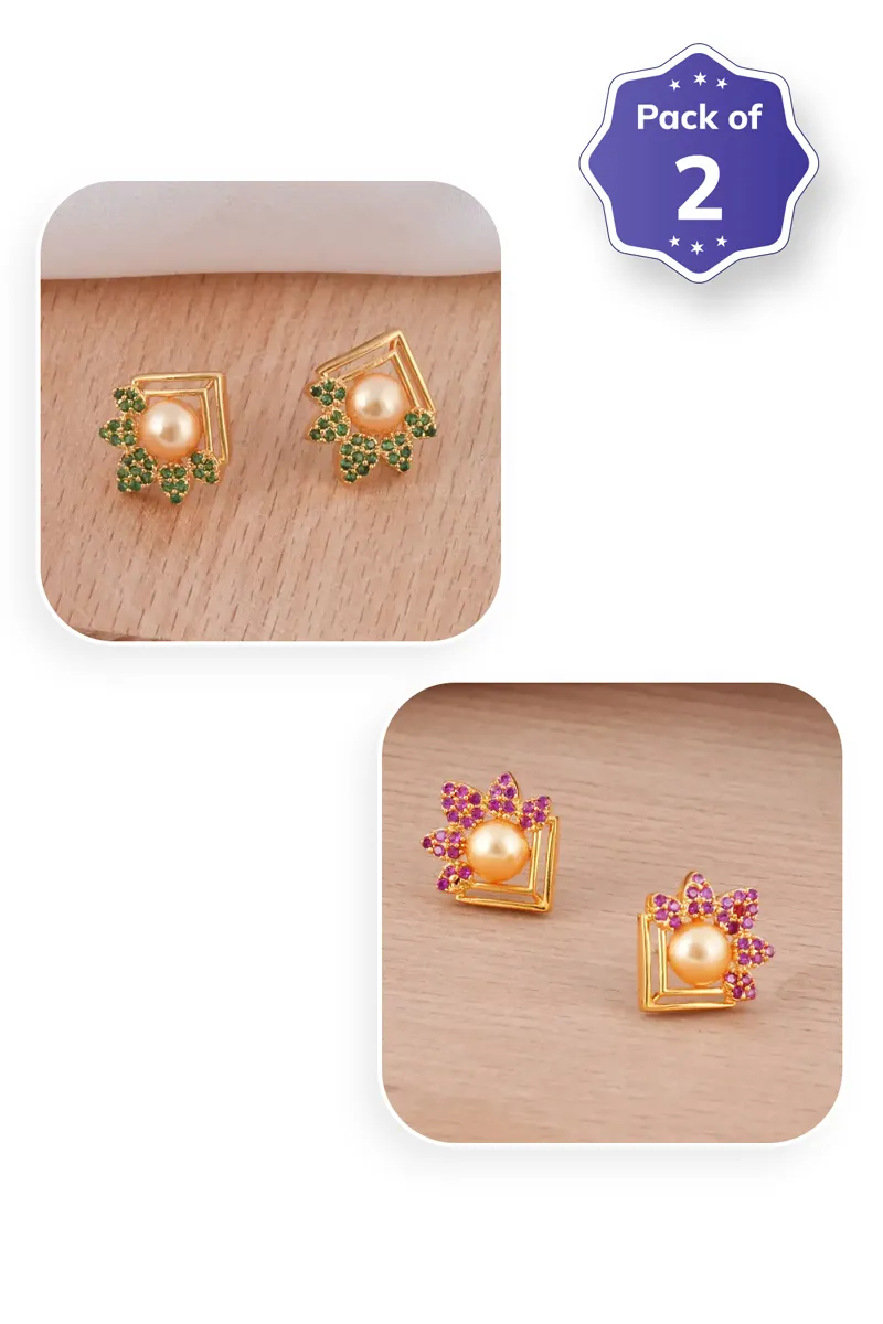 Floral Pearl Stud Earrings for Women - Pack of 2