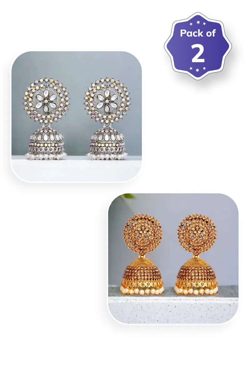 Kundan Stone & Cubic Zirconia Floral Jhumki Earrings for Women - Combo of 2