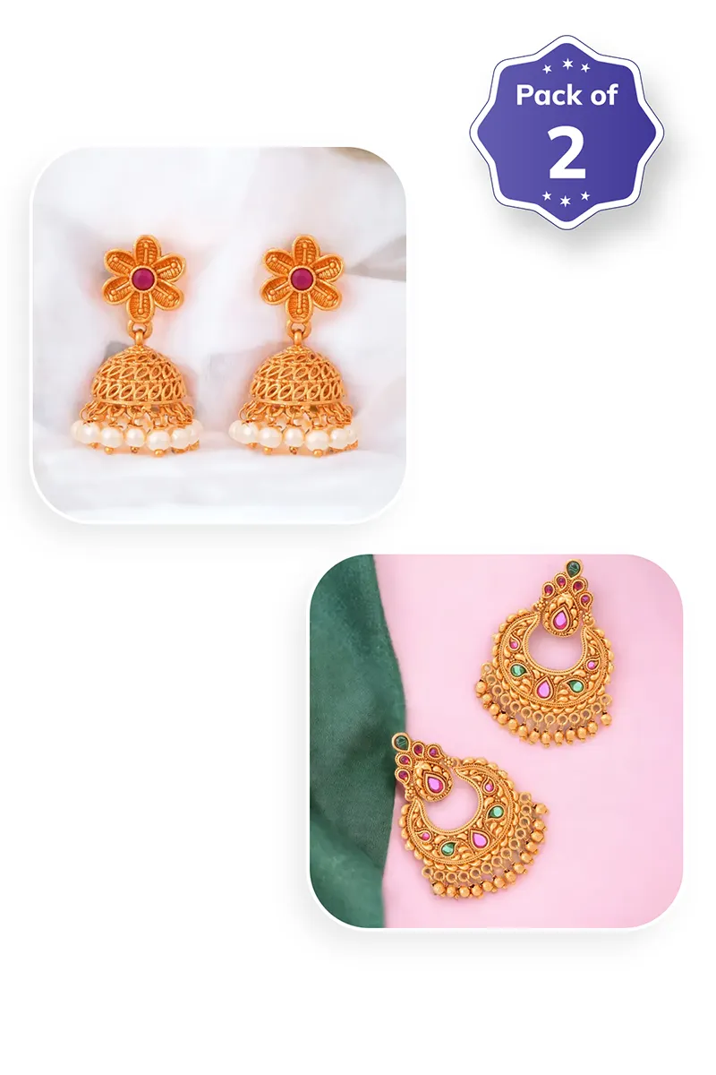 Floral Jhumki & Chand Bali Earrings for Women - Combo of 2
