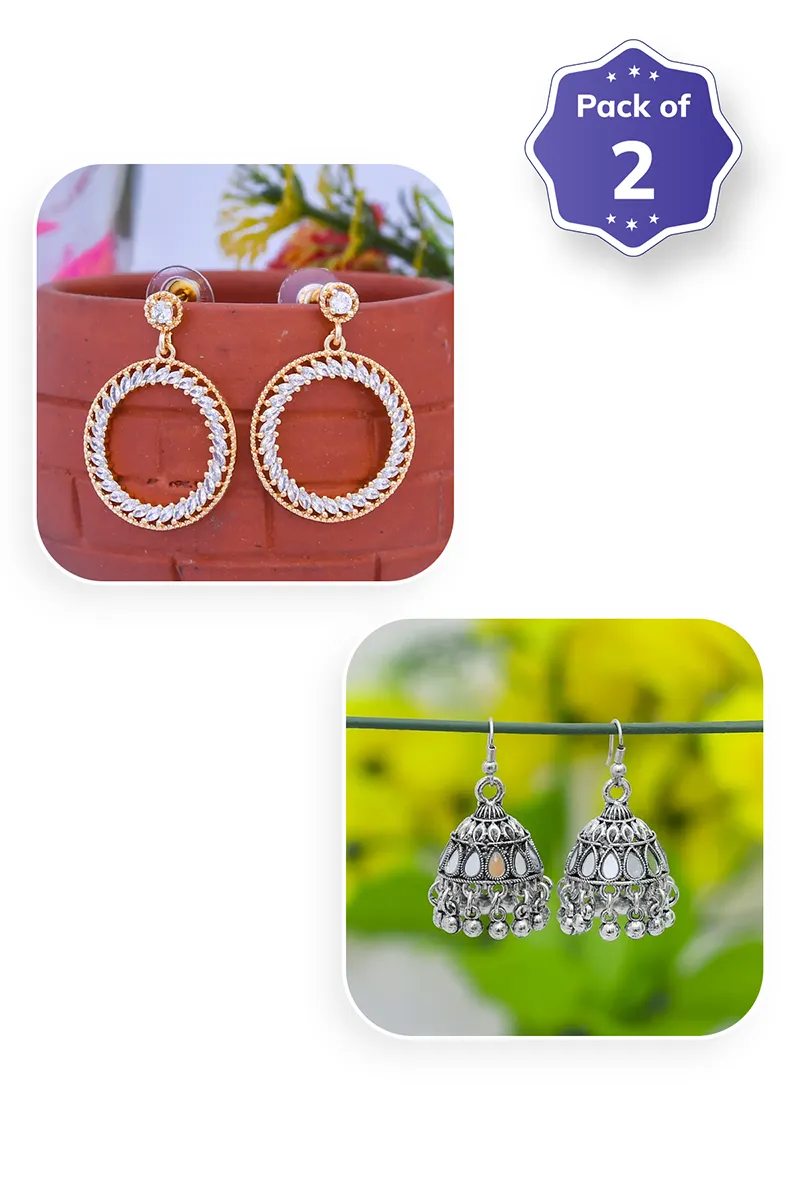 Gold Hoops Dangle & Oxidized Silver Jhumki Earrings for Women - Combo of 2