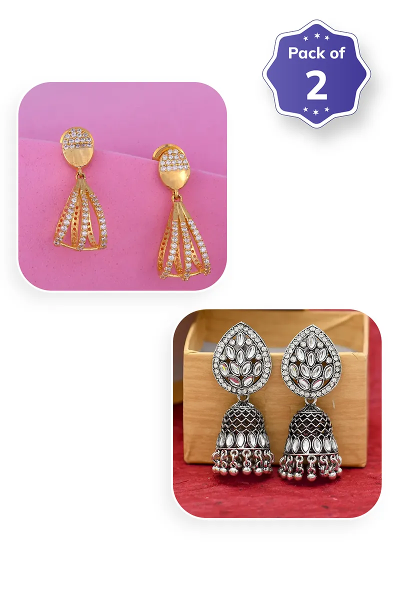 Gold Triangle Dangle & Oxidised Silver Jhumki Earrings for Women - Combo of 2