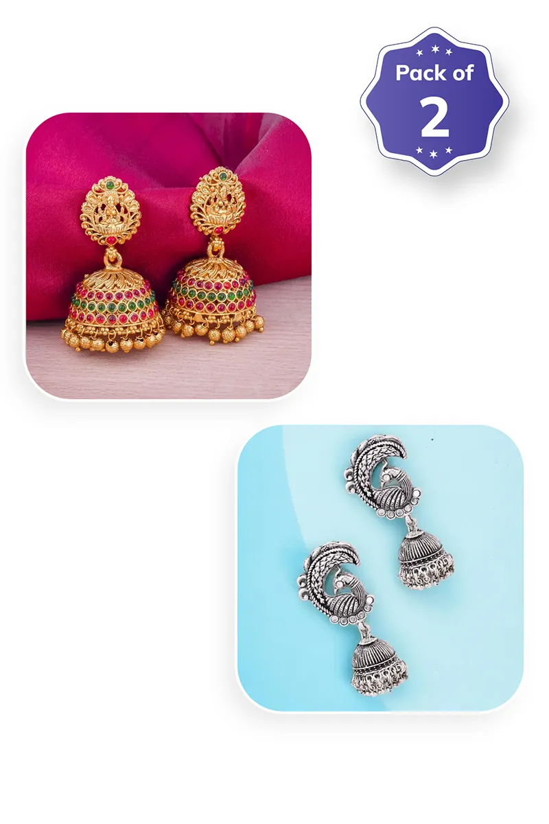 Gold Lakshmi & Silver Peacock Jhumki Earrings for Women - Combo of 2