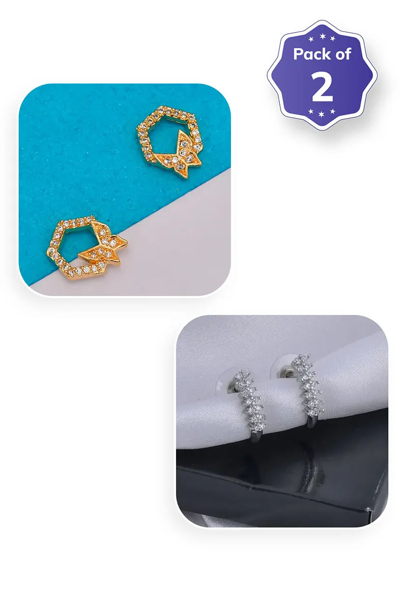 Geometric Gold & Silver Stud Earrings for Women - Pack of 2 JWCOMBO0136MUL