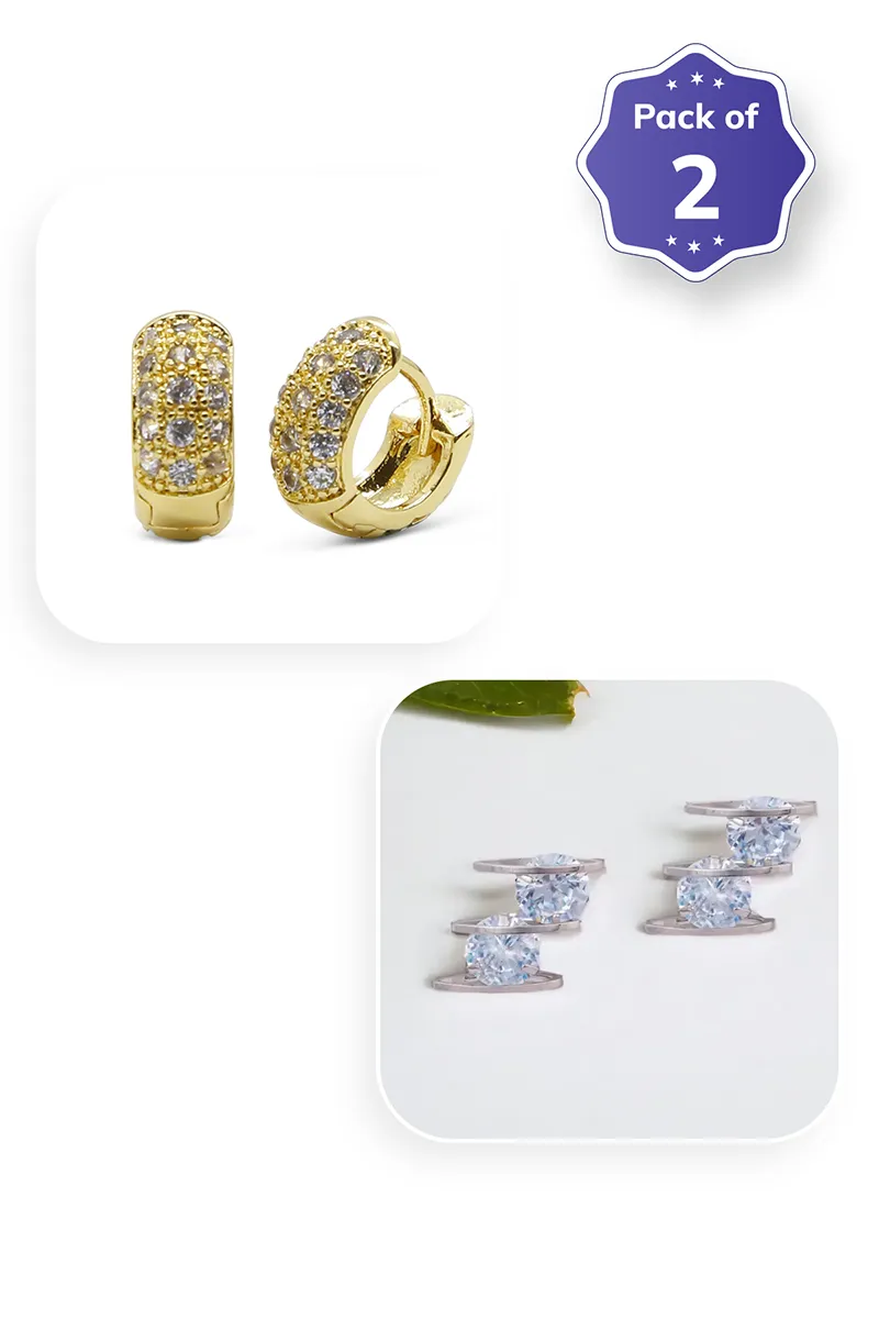 Gold Hoop Huggie & Silver Stone Stud Earrings for Girls - Combo of 2