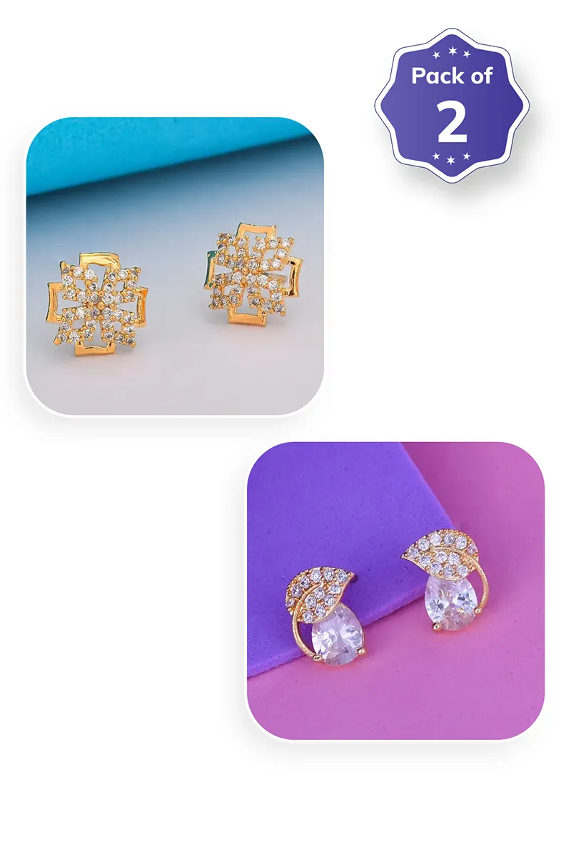 Gold Geometric Floral & Leaf Drop Stud for Women - Combo of 2