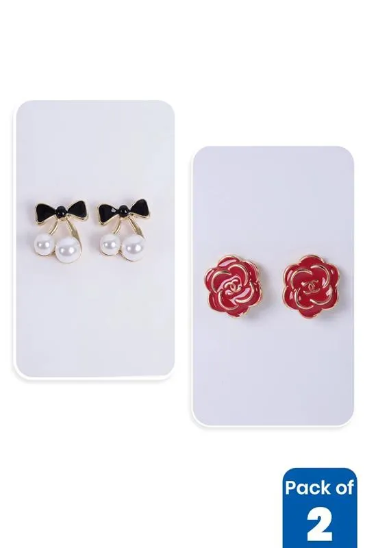 Rose & Ribbon Bow Stud Earrings for Girls - Pack of 2