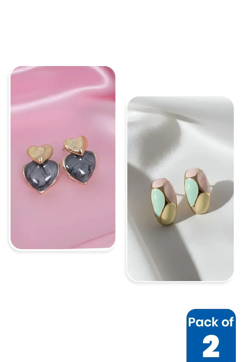 Dual Heart & Half Hoop Stud Earrings for Girls - Pack of 2