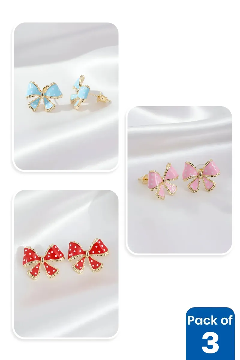 Polka Dot Bow Shape Stud Earrings for Girls - Pack of 3
