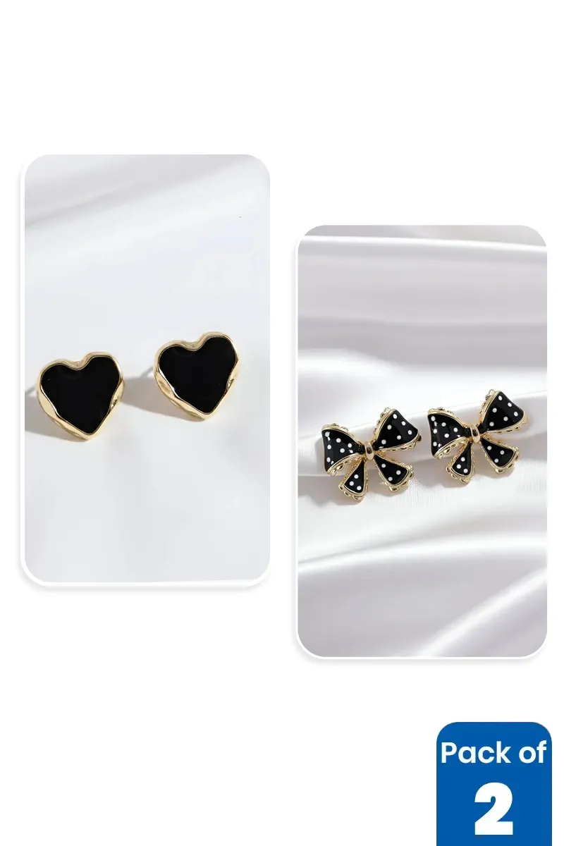 Heart & Polka Dot Bow Stud Earrings for Girls - Pack of 2
