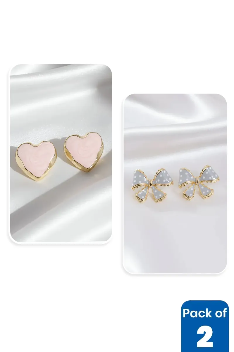 Heart & Polka Dot Bow Stud Earrings for Girls - Pack of 2 JWCOMBO0176MUL