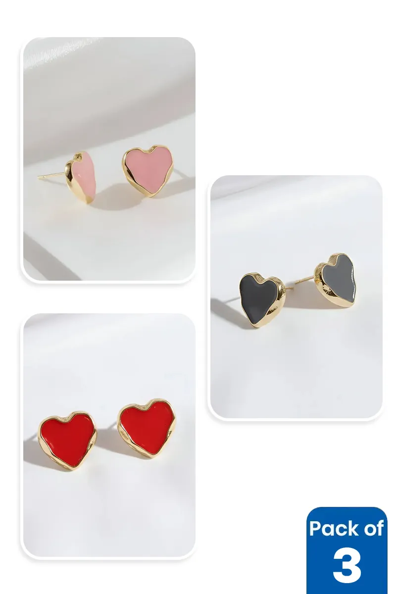 Heart Shape Stud Earrings for Girls - Pack of 3