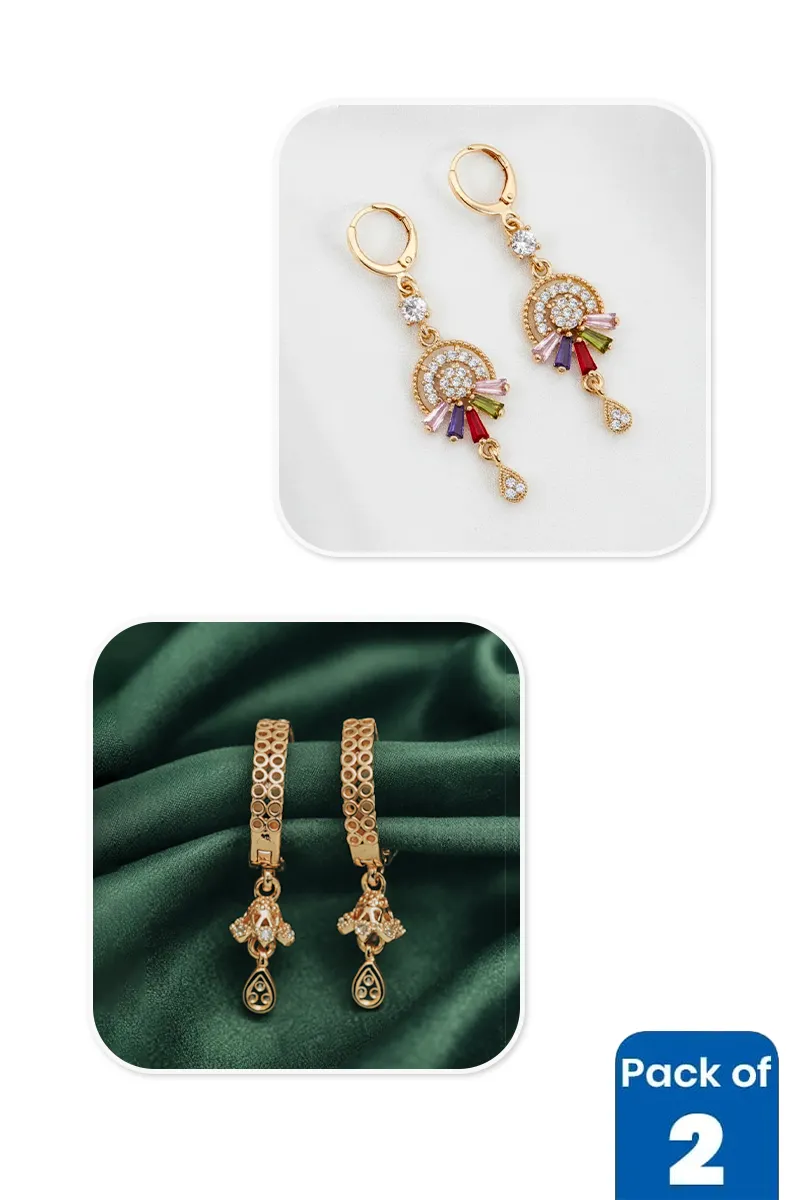 Gold CZ Dangler & Floral Hoop Earrings Combo - Pack of 2