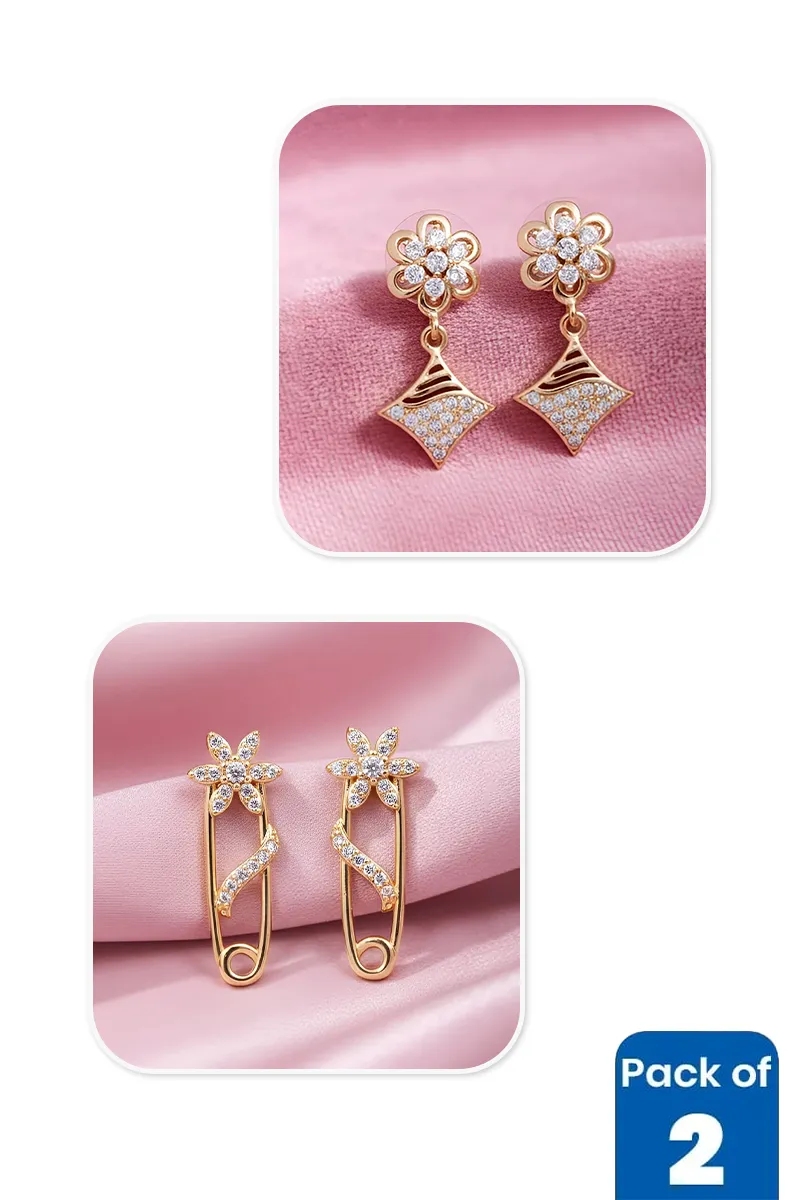 Gold Floral Drop & Safety Pin Earrings Combo - Pack of 2