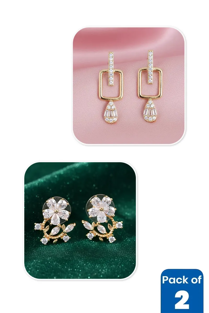 Gold Geometric Drop & Flower Stud Earrings Combo - Pack of 2