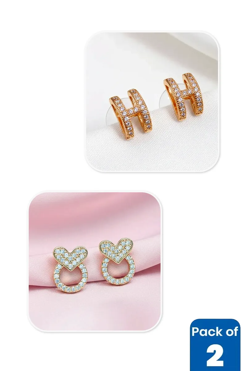 Gold H Initial & Heart Circle Stud Earrings Combo - Pack of 2