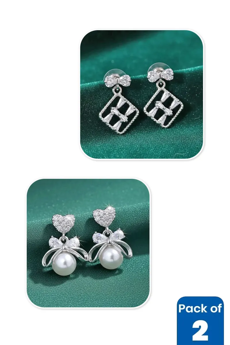 Silver Bow & Heart Pearl Drop Earrings Combo - Pack of 2