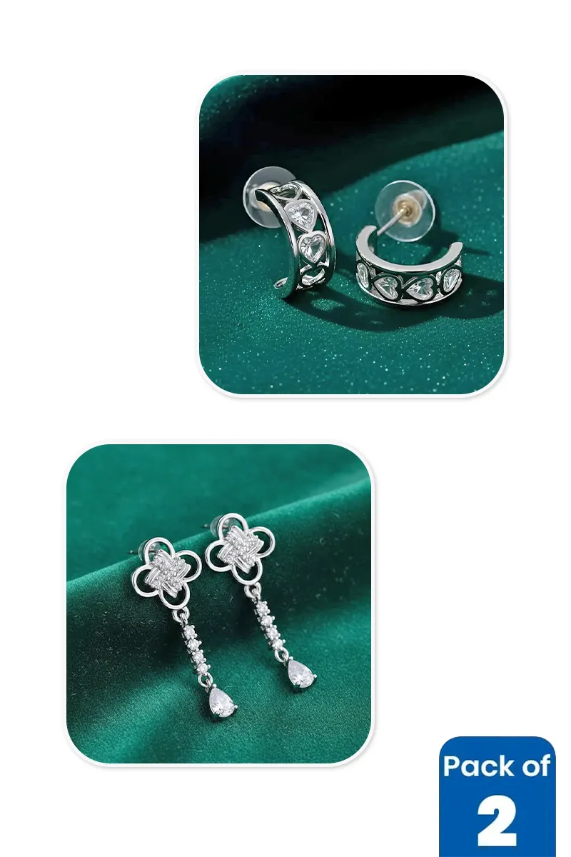 Silver Half Hoop & Clover Drop Earrings Combo - Pack of 2
