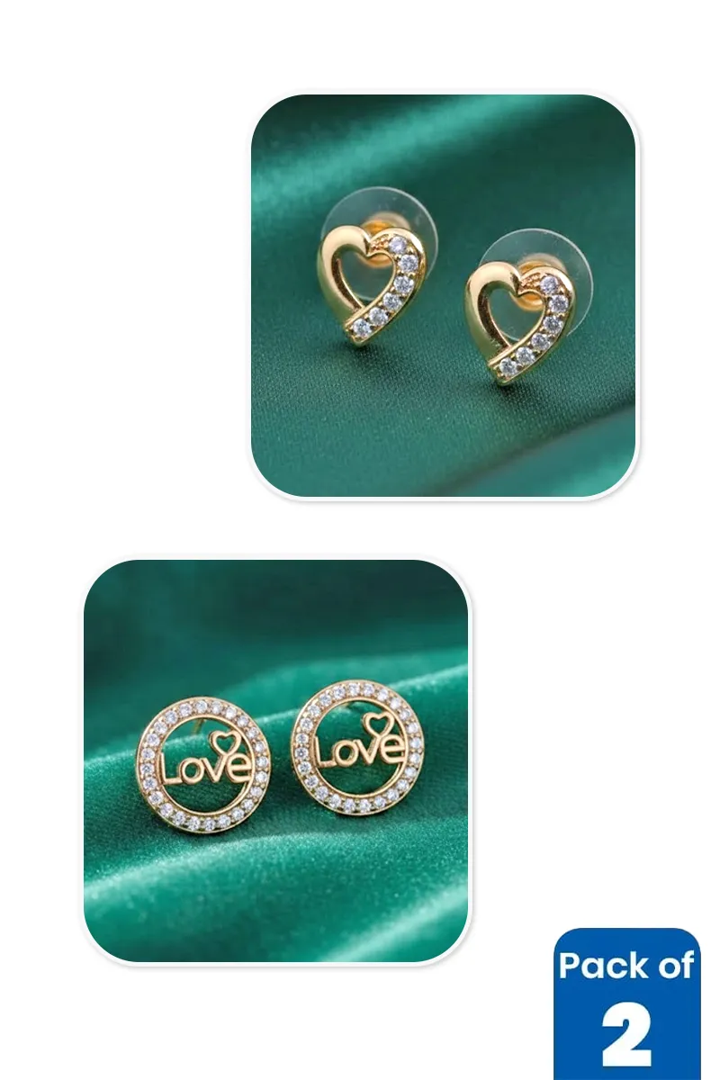 Gold Heart & Love Stud Earrings Combo - Pack of 2