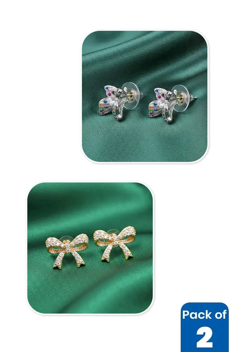 Gold Butterfly & Bow Stud Earrings Combo - Pack of 2