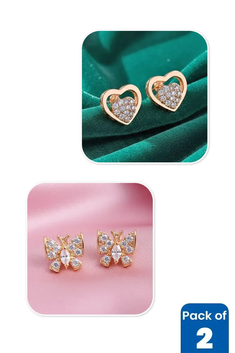 Gold Heart & Butterfly Stud Earrings Combo - Pack of 2