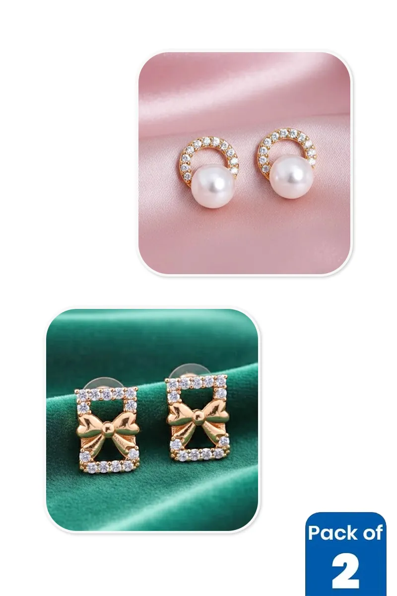 Pearl CZ Halo & Bow Stud Earrings Combo - Pack of 2
