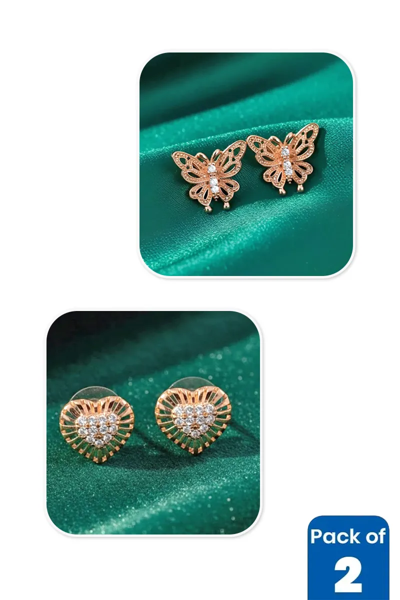 Gold Butterfly & Heart Stud Earrings Combo - Pack of 2