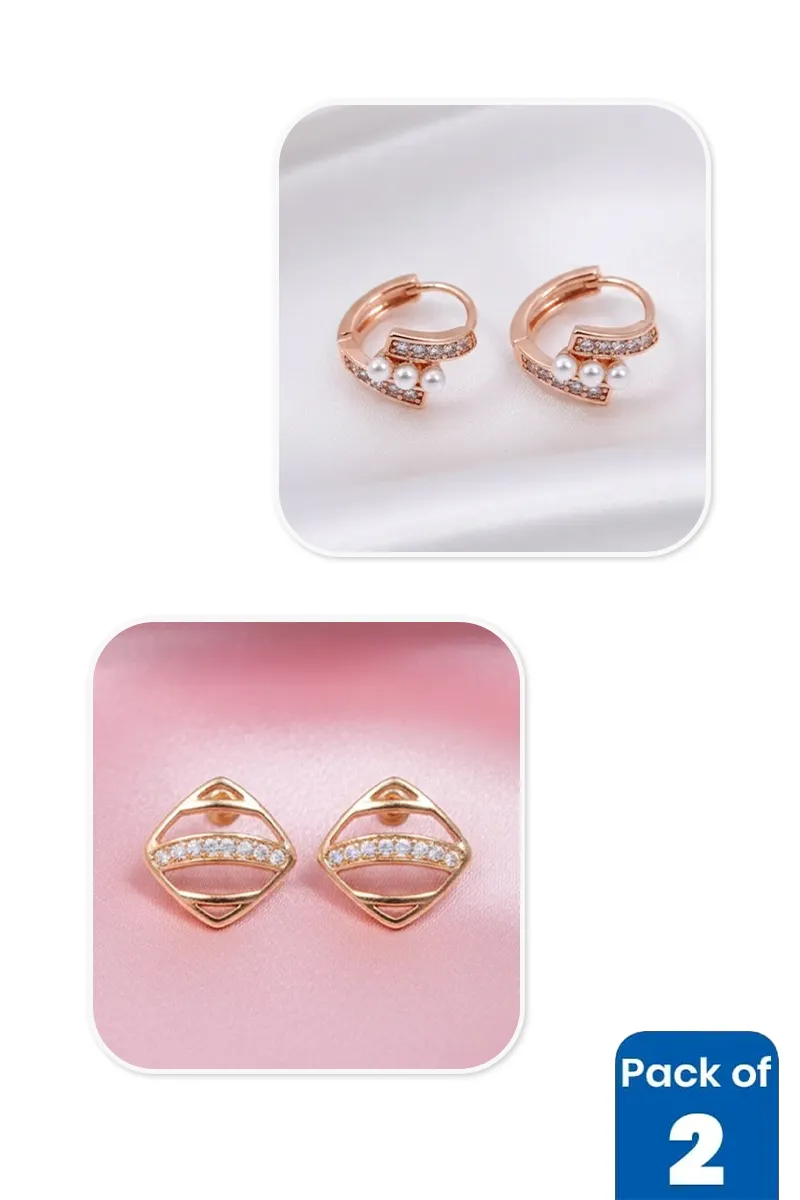 Gold Pearl Hoop & Diamond Stud Earrings Combo - Pack of 2