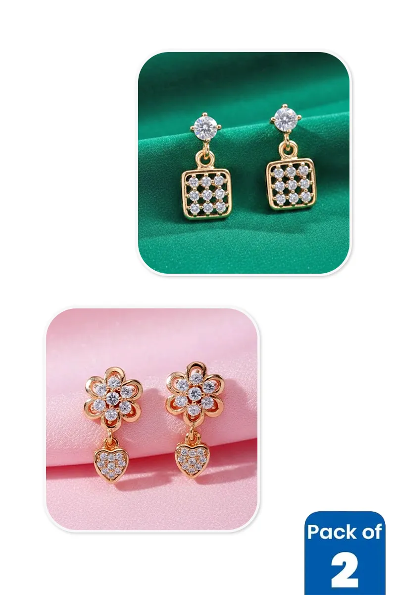 Gold Square & Flower Heart Drop Earrings Combo - Pack of 2