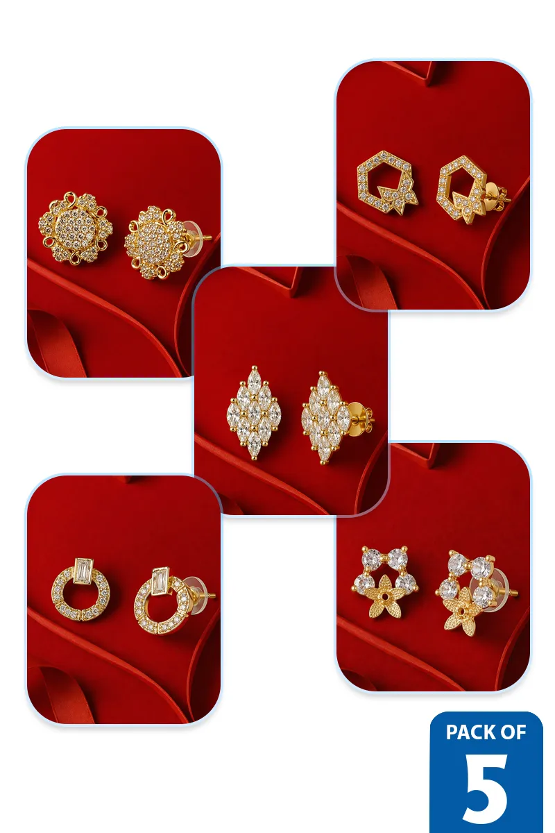 Gold Plated Stud Earrings Combo Set for Women - Pack of 5