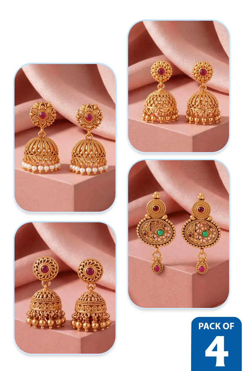 Traditional Jhumki & Dangle Earrings Combo Set for Women - Pack of 4