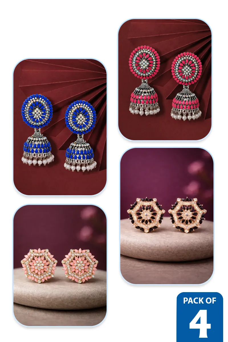 Floral Jhumki & Stud Earrings Combo Set for Women - Pack of 4