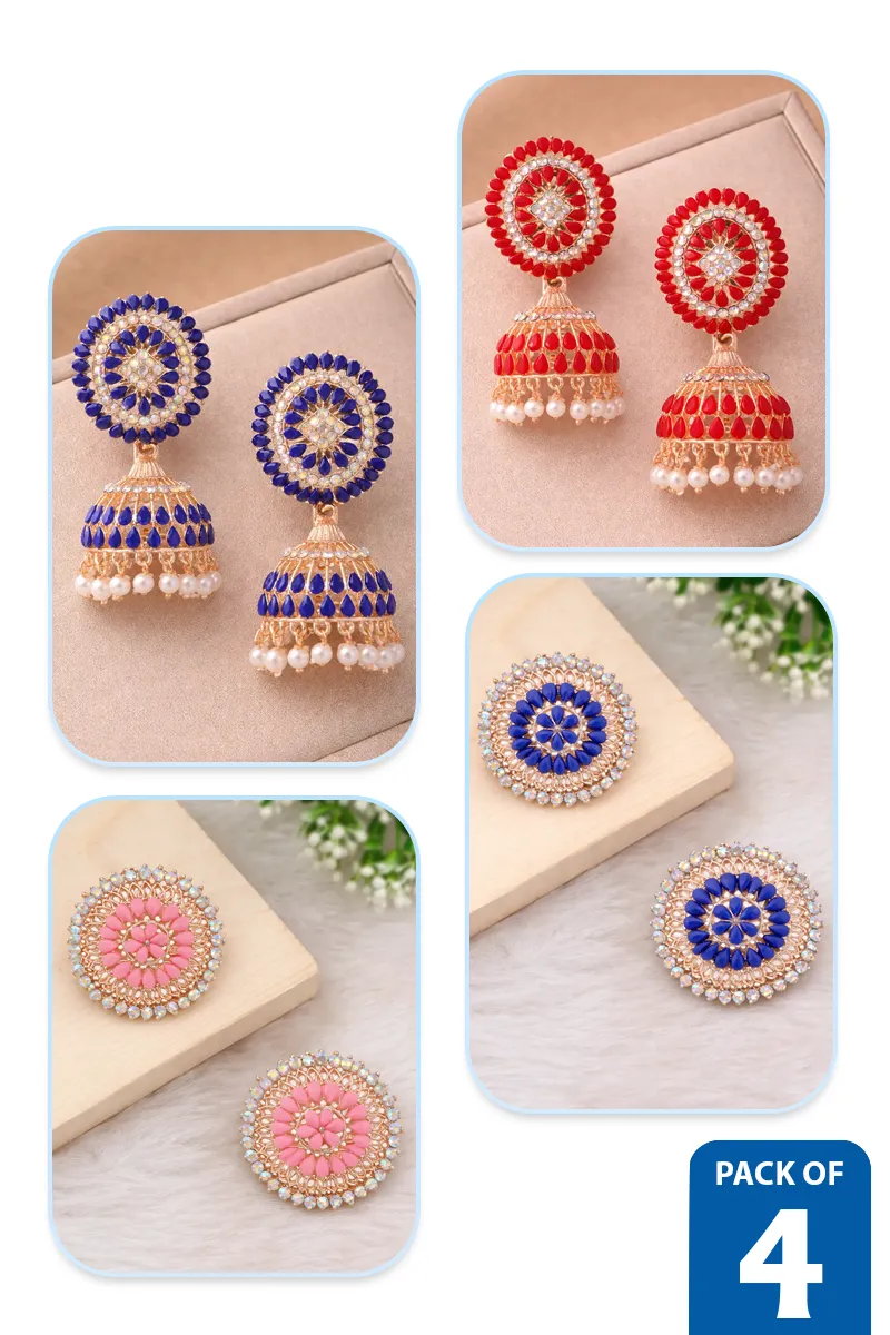 Kundan Jhumki & Floral Stud Earrings Combo Set for Women - Pack of 4