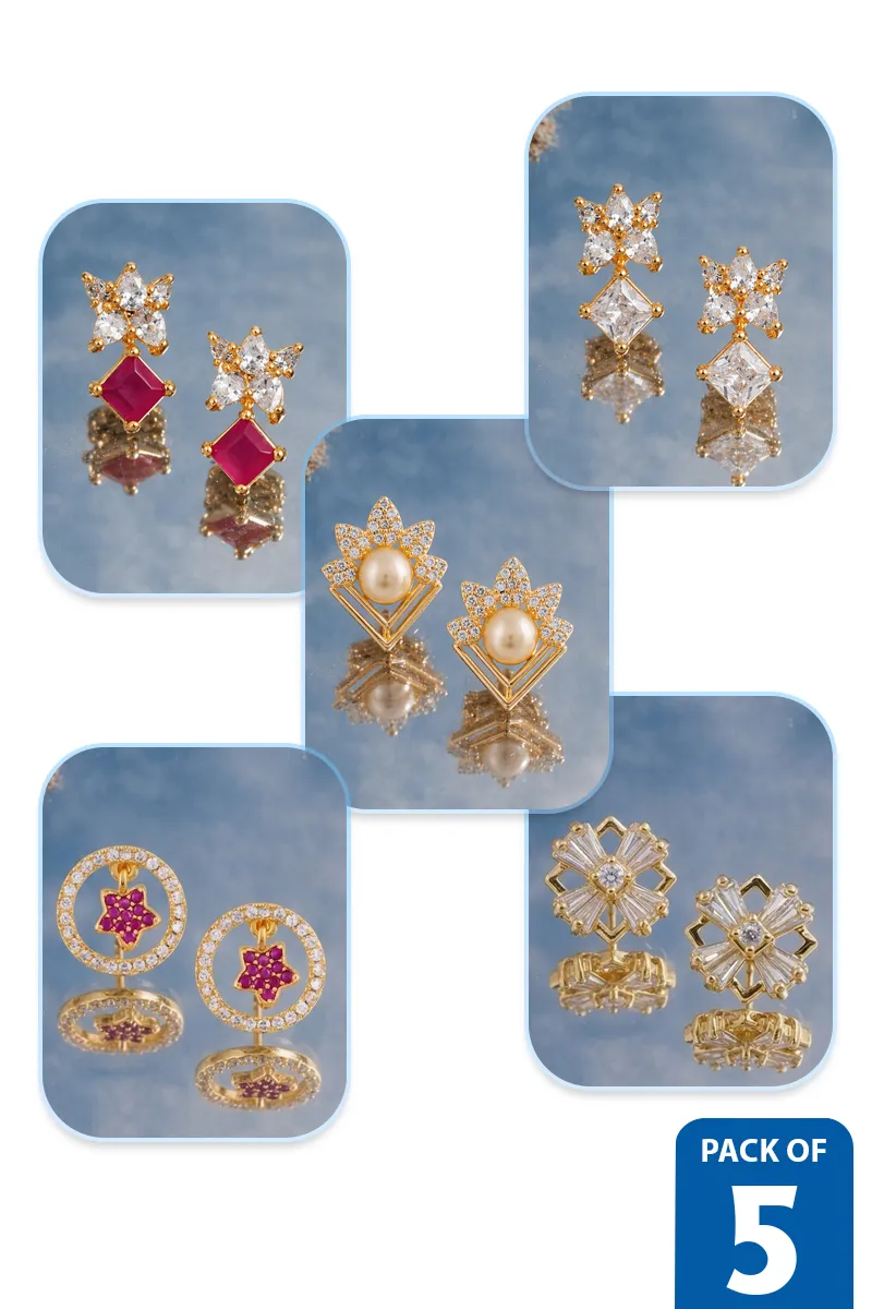 Cubic Zirconia Floral & Charm Stud Earrings Combo for Women - Pack of 4