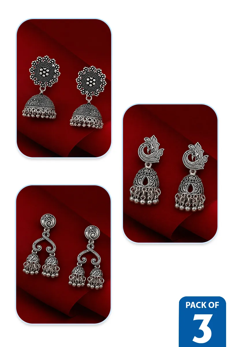 Oxidised Silver Jhumki Earrings Combo for Women - Pack of 3