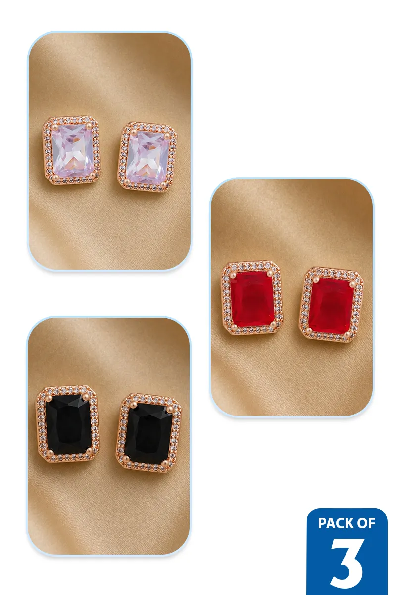Rose Gold Rectangle Stud Earrings for Women - Pack of 3