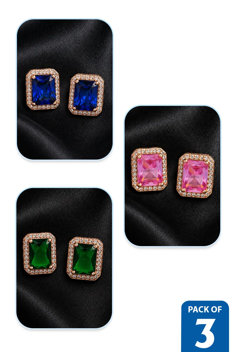 Rose Gold Rectangle Stud Earrings for Women - Pack of 3